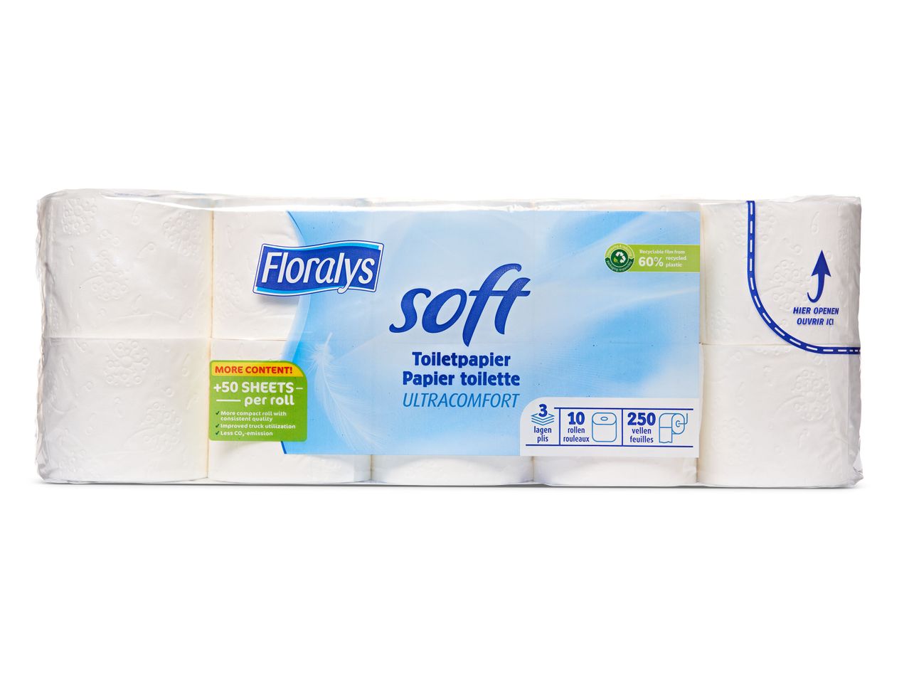 Floraly Soft toiletpapier: 10 rollen, 250 velletjes per rol.