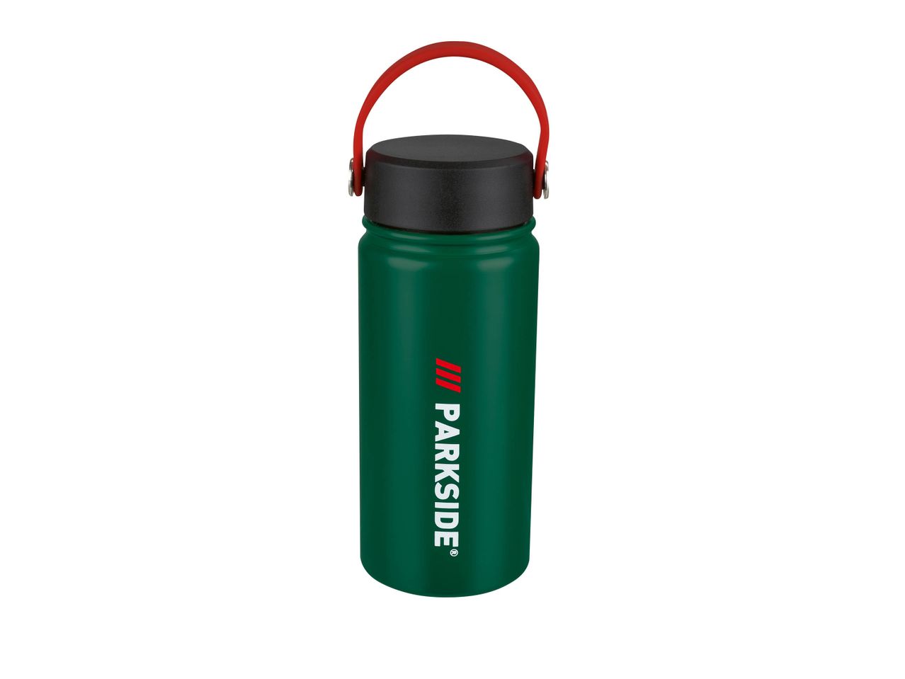 Una borraccia verde scuro con il logo Parkside e un manico rosso.