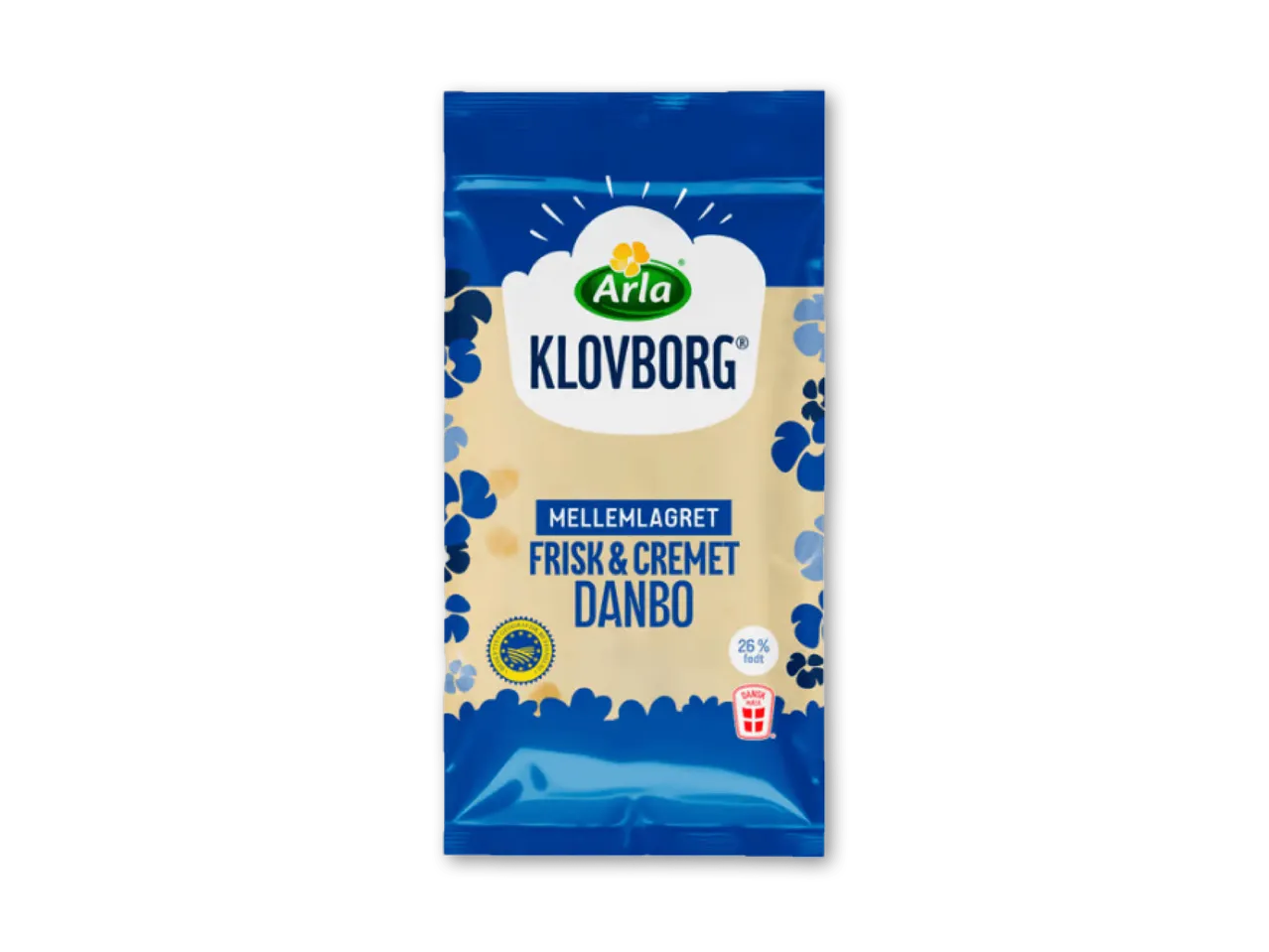 Pakke med mellemlagret frisk og cremet Danbo ost, 26% fedt.