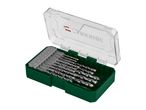 Drill bit set in a green and clear plastic case, with various sizes of drill bits.