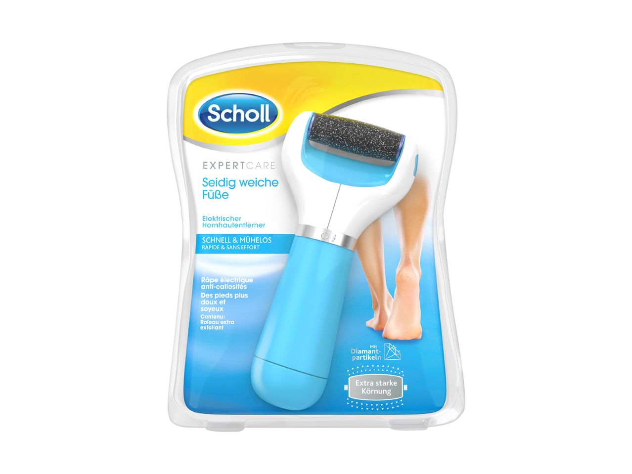 Râpe électrique Scholl ExpertCare avec particules de diamant, dans son emballage.