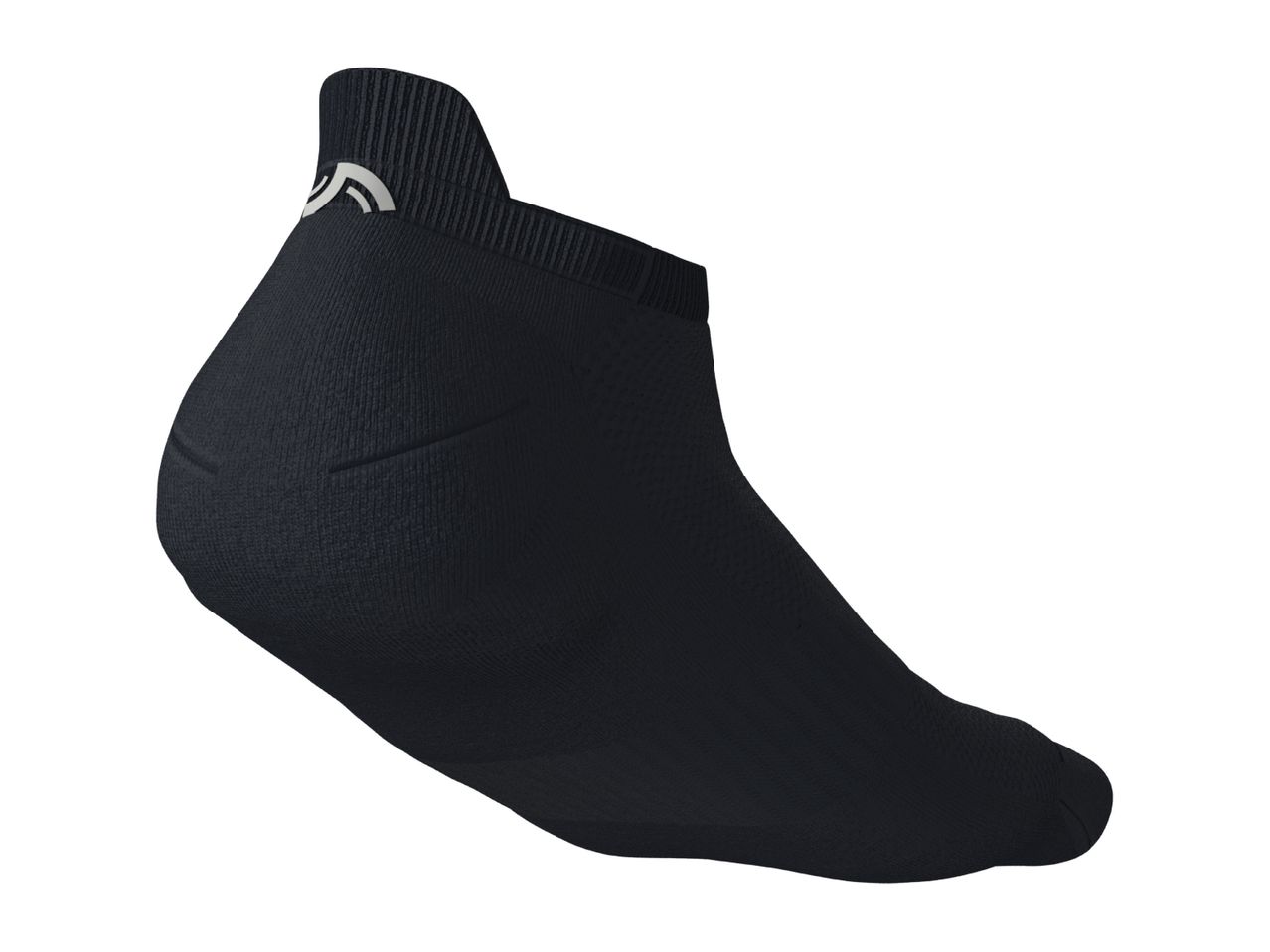 Black ankle sock with a white logo on the heel, shown from a side angle.