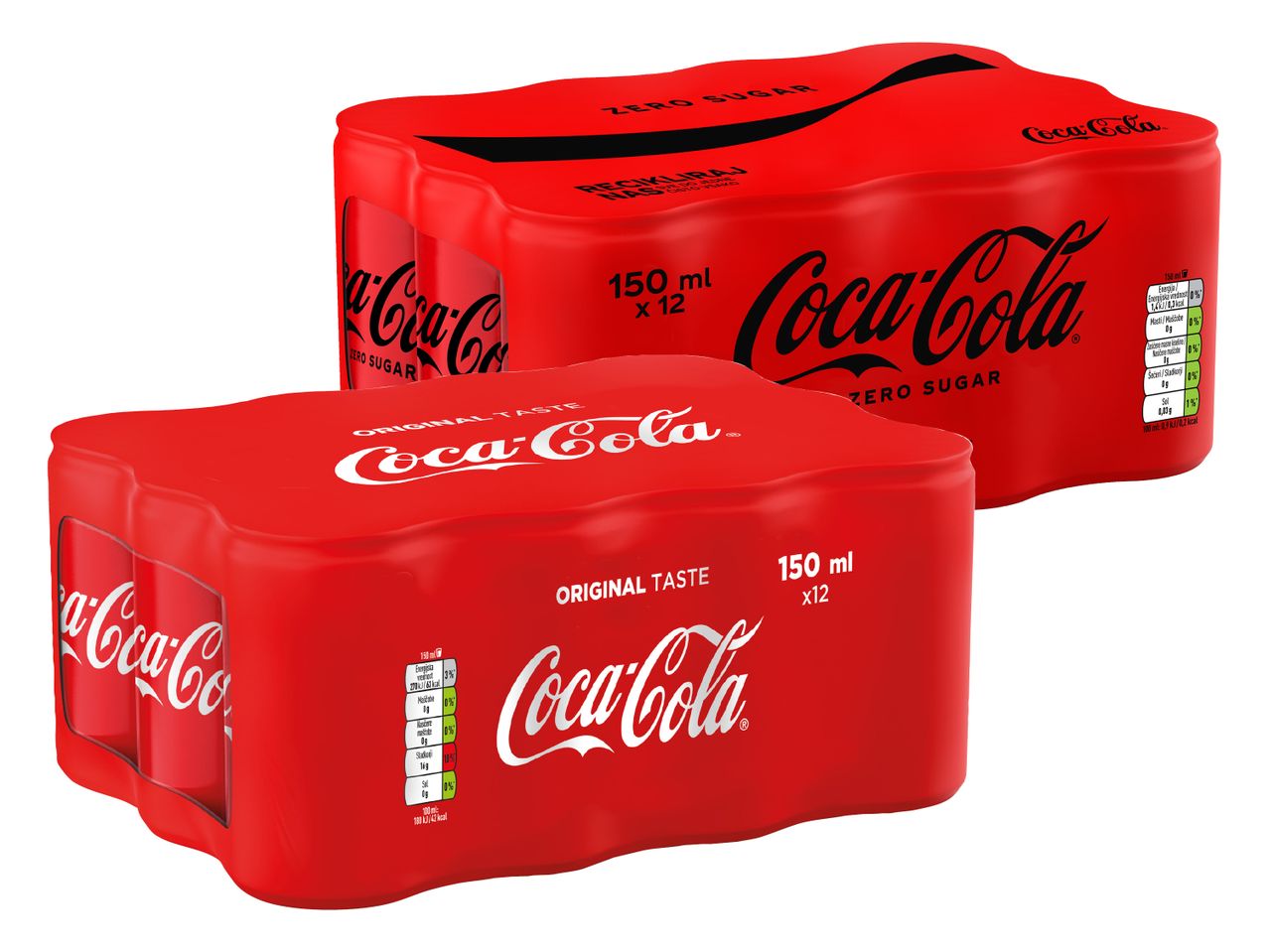 Dva paketa Coca-Cole, enega Zero Sugar in enega Original Taste, vsak s 12 pločevinkami po 150 ml.