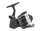Black fishing reel with white fishing line on a white background