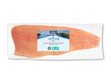 HAVBLÅ Hel laksefilet med skind
