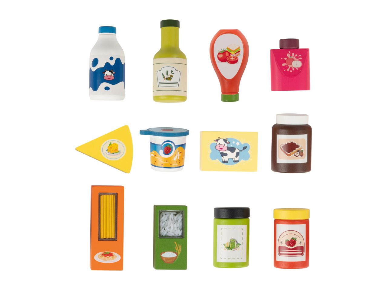 A collection of toy food items, including milk, olive oil, ketchup, juice, cheese, yogurt, chocolate spread, pasta, rice, pesto, and strawberry jam.