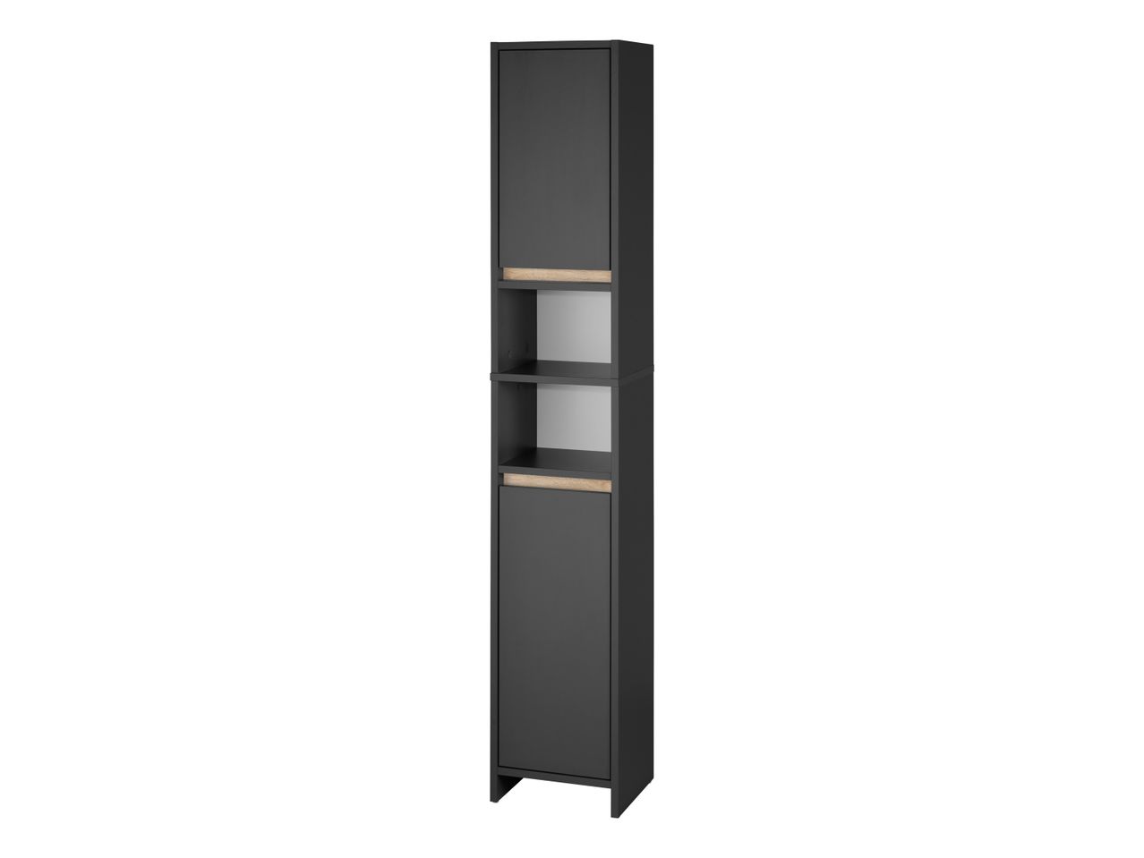 A tall, narrow black cabinet with light wood accents and shelves.