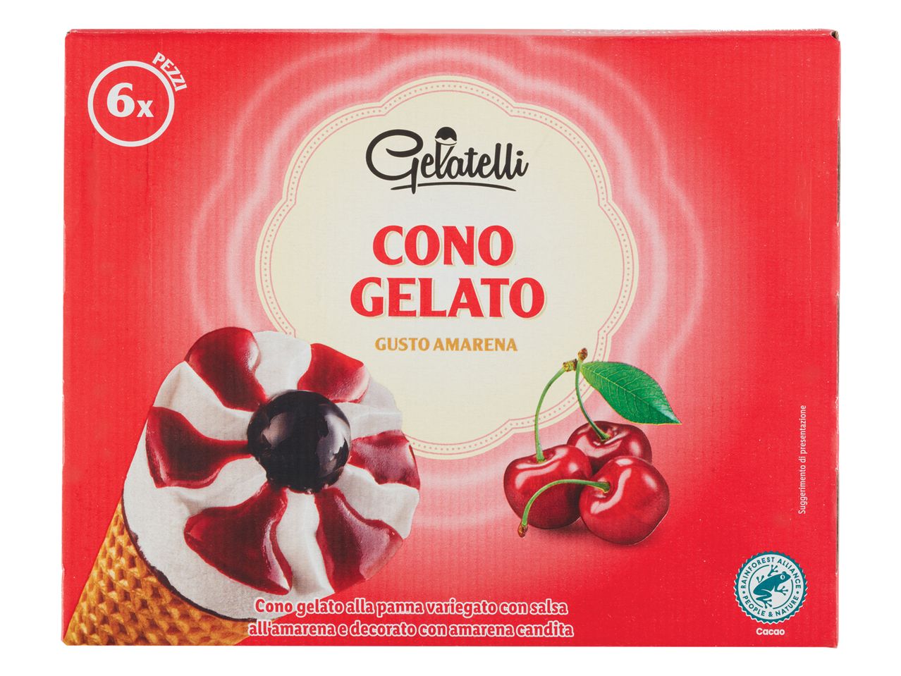 Scatola di 6 coni gelato Gelatelli al gusto amarena.