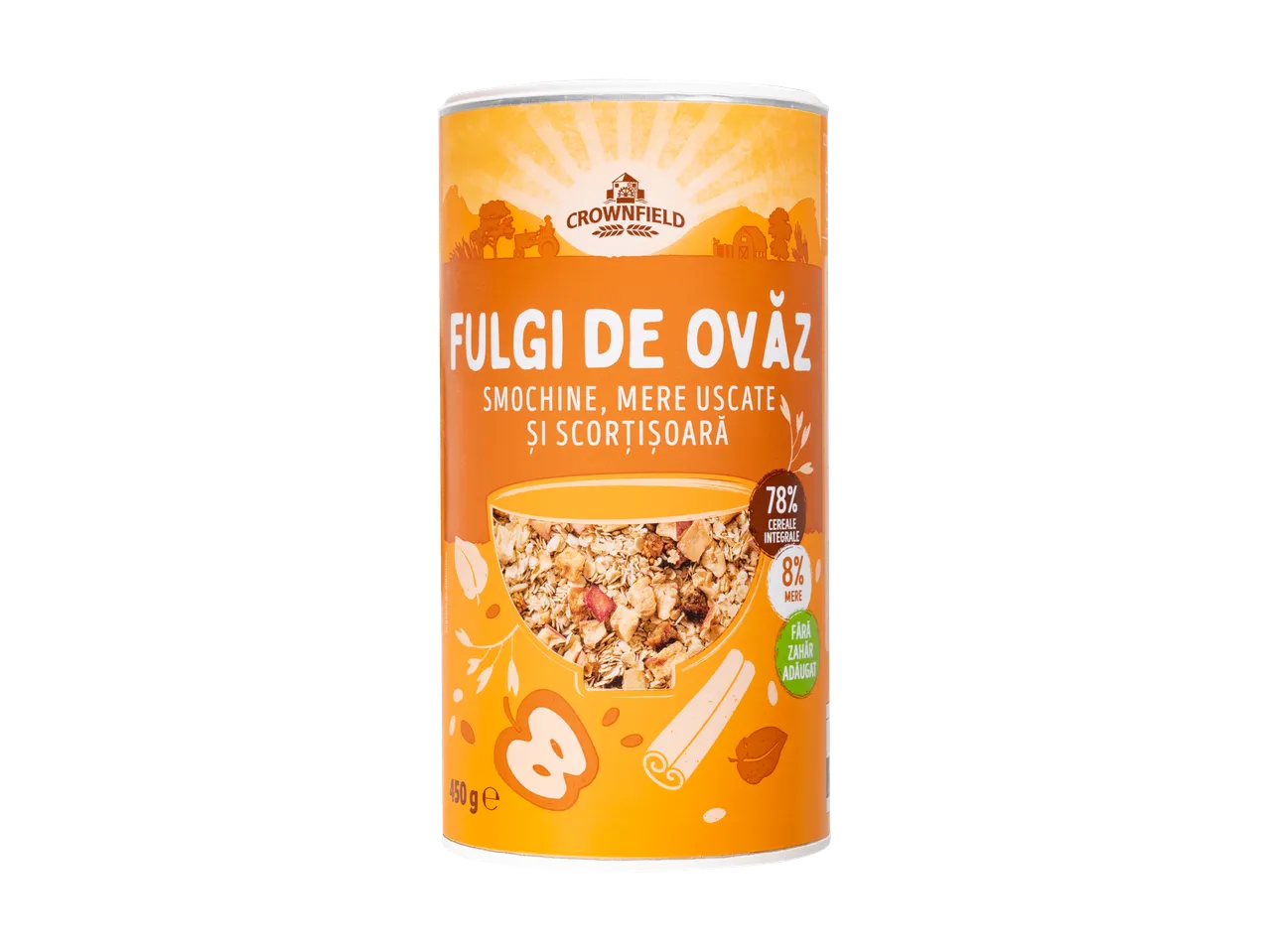 Fulgi de ovăz Crownfield cu mere și scorțișoară.