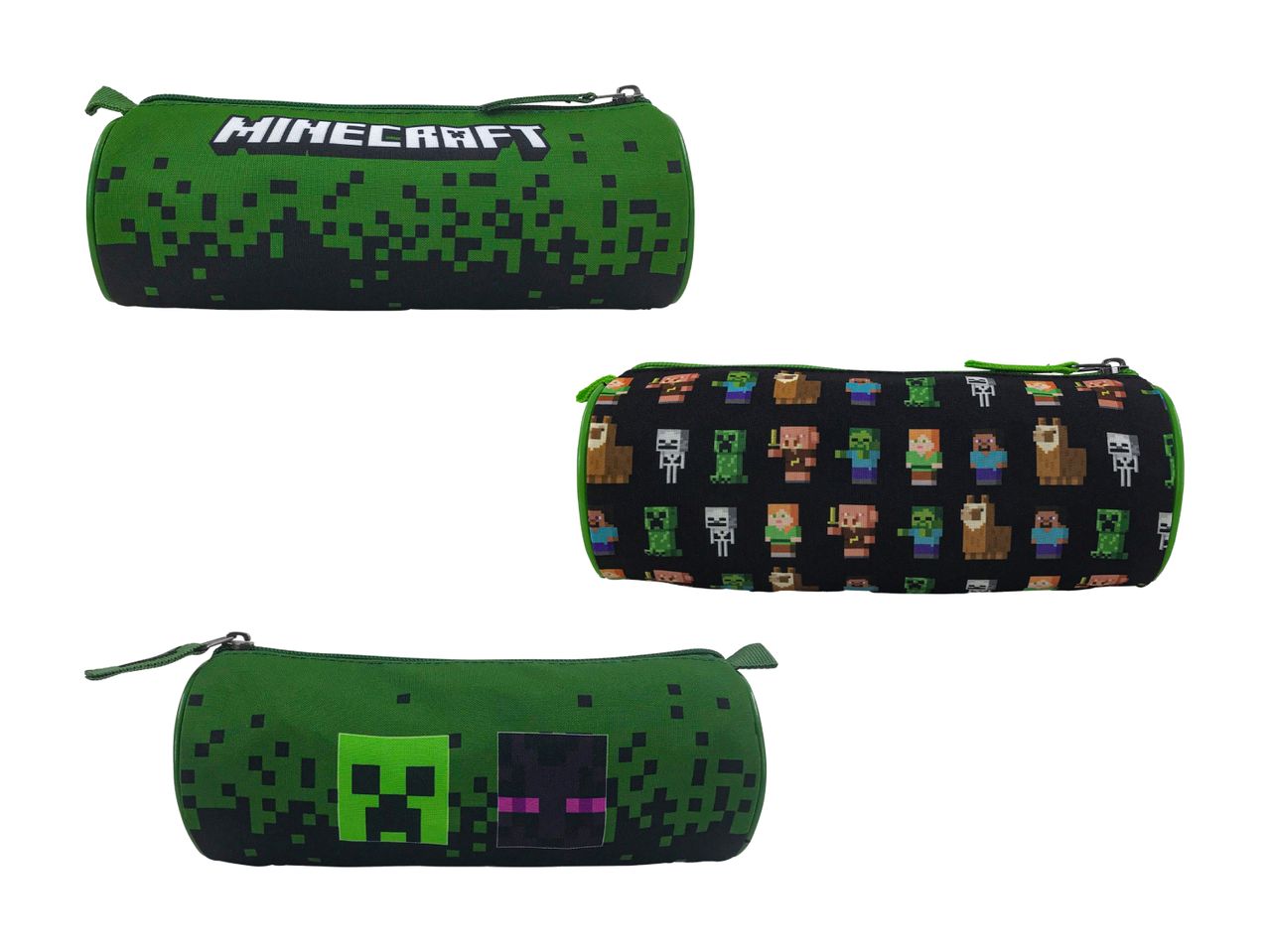 Drei zylindrische Minecraft-Federmäppchen mit verschiedenen Pixel-Designs.