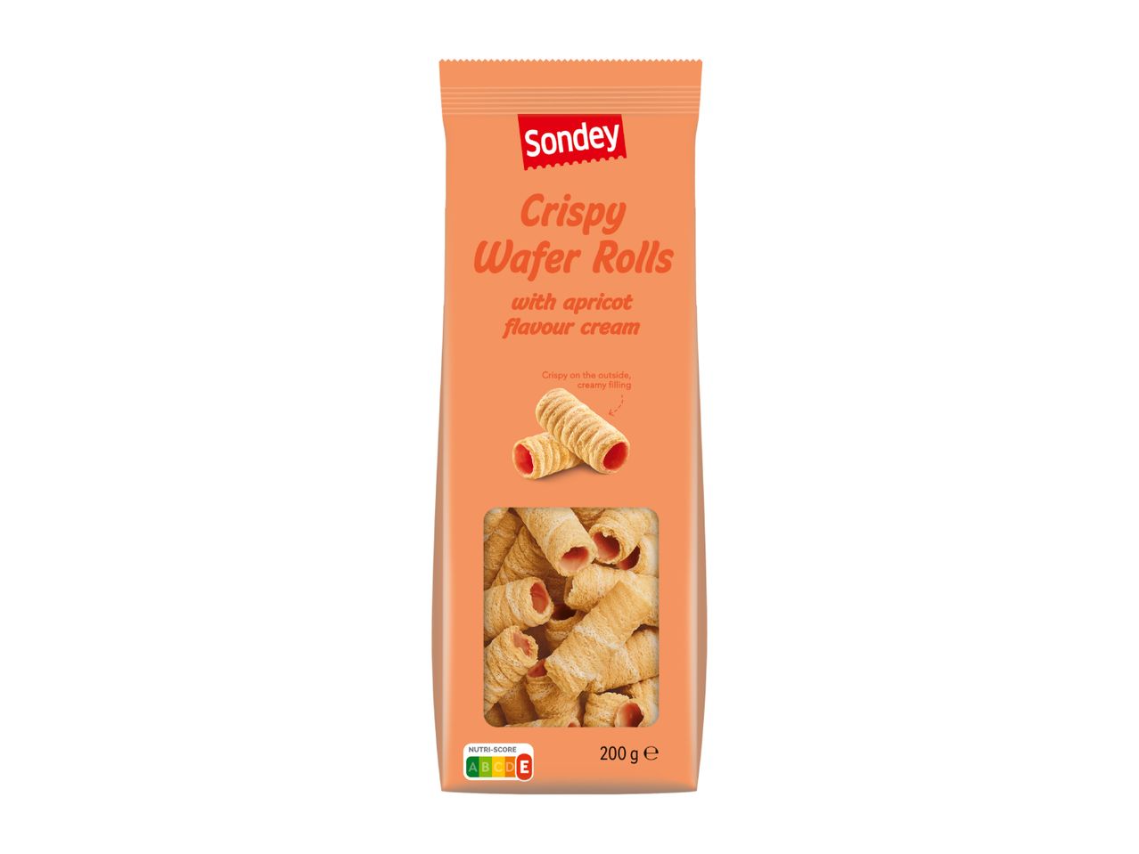 Crispy wafer rolls with apricot flavour cream in an orange package, 200g.