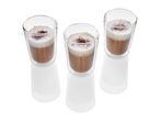 Three glasses of cappuccino, possibly served in double-walled glasses.