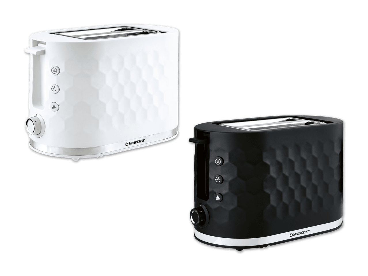 Zwei Toaster mit Wabenmuster in Weiß und Schwarz.