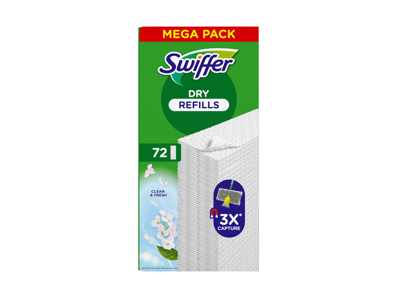 Mega Pack de recharges sèches Swiffer avec 72 lingettes et parfum « Clean & Fresh ».