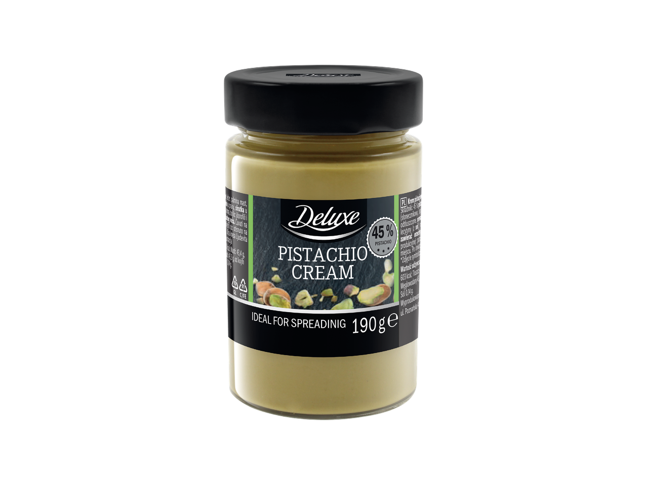 Teglica kreme od pistacija s natpisom 'IDEAL FOR SPREADING' i težinom 190g.