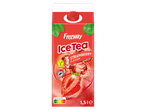 Brique de thé glacé Freeway à la fraise, 1,5L, avec Nutri-Score B et label vegan.