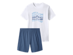 Bijela majica kratkih rukava s natpisom 'CALL IT A DAY' i plave kratke hlače.