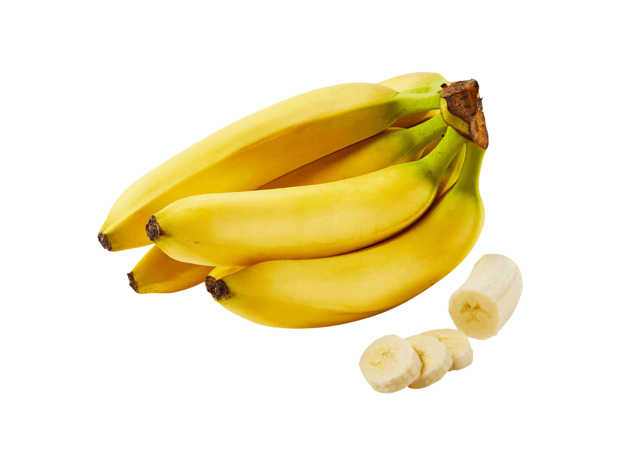 Zrela žuta banana u grozdu sa nekoliko isečenih kolutova.