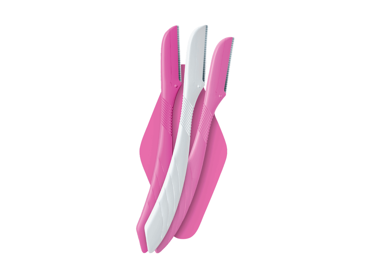 Drei Augenbrauenrasierer, zwei pinke und ein weißer, auf schwarzem Hintergrund.