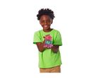 Smiling boy holding a stack of three colorful, translucent playdough containers.