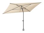 Beige rectangular patio umbrella with a dark grey pole and frame, viewed from below.