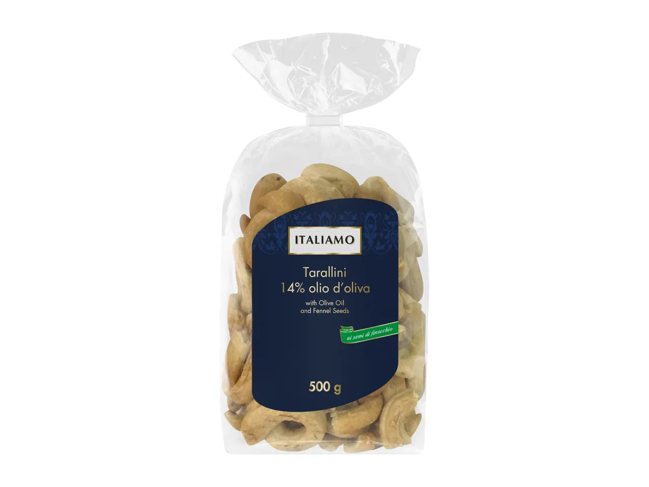A clear bag of Tarallini with olive oil and fennel seeds, 500g.