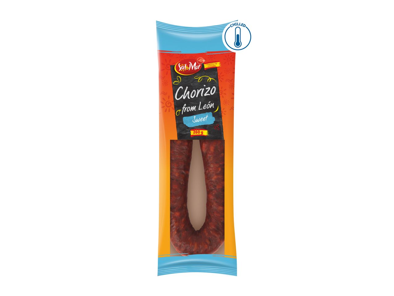 Sol&Mar Sweet Chorizo from León in an orange and blue packaging.