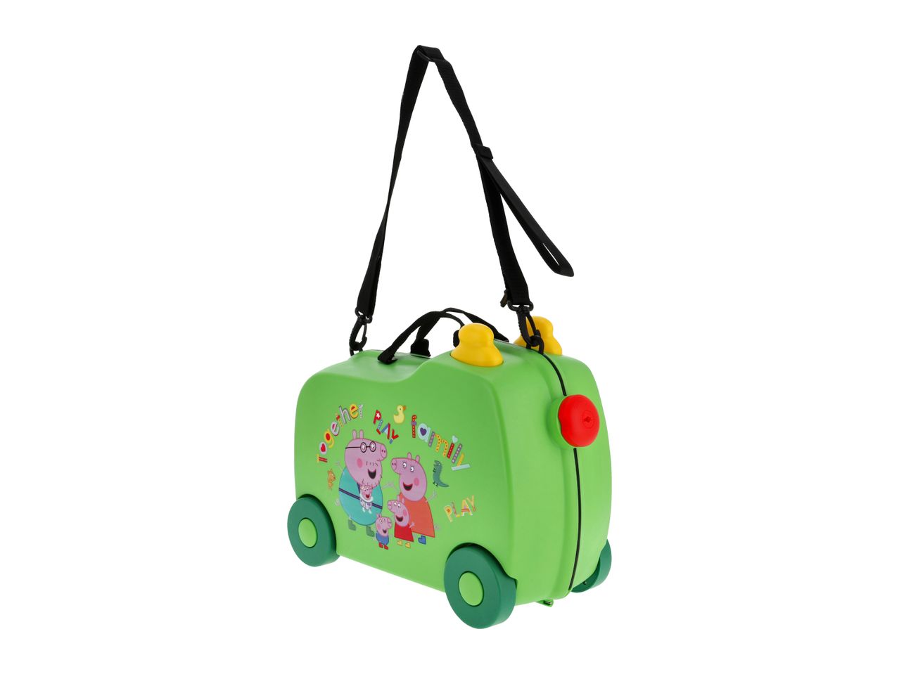 Green children's ride-on suitcase with Peppa Pig family illustration and text 'Together Play Family'.