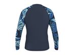 Dark blue long-sleeve rash guard with blue tropical leaf pattern on the sleeves, back view.