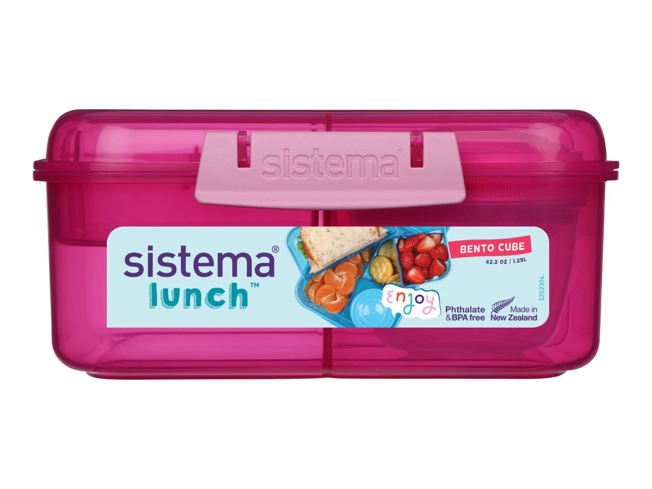 Pink lunchbox with a bento cube insert, filled with a sandwich, fruit, and crackers.