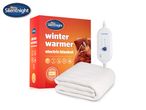 Electric blanket with controller and packaging box featuring a winter warmer theme.