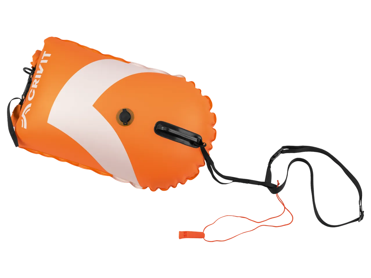 Orange inflatable swimming buoy with a black strap and an orange whistle.