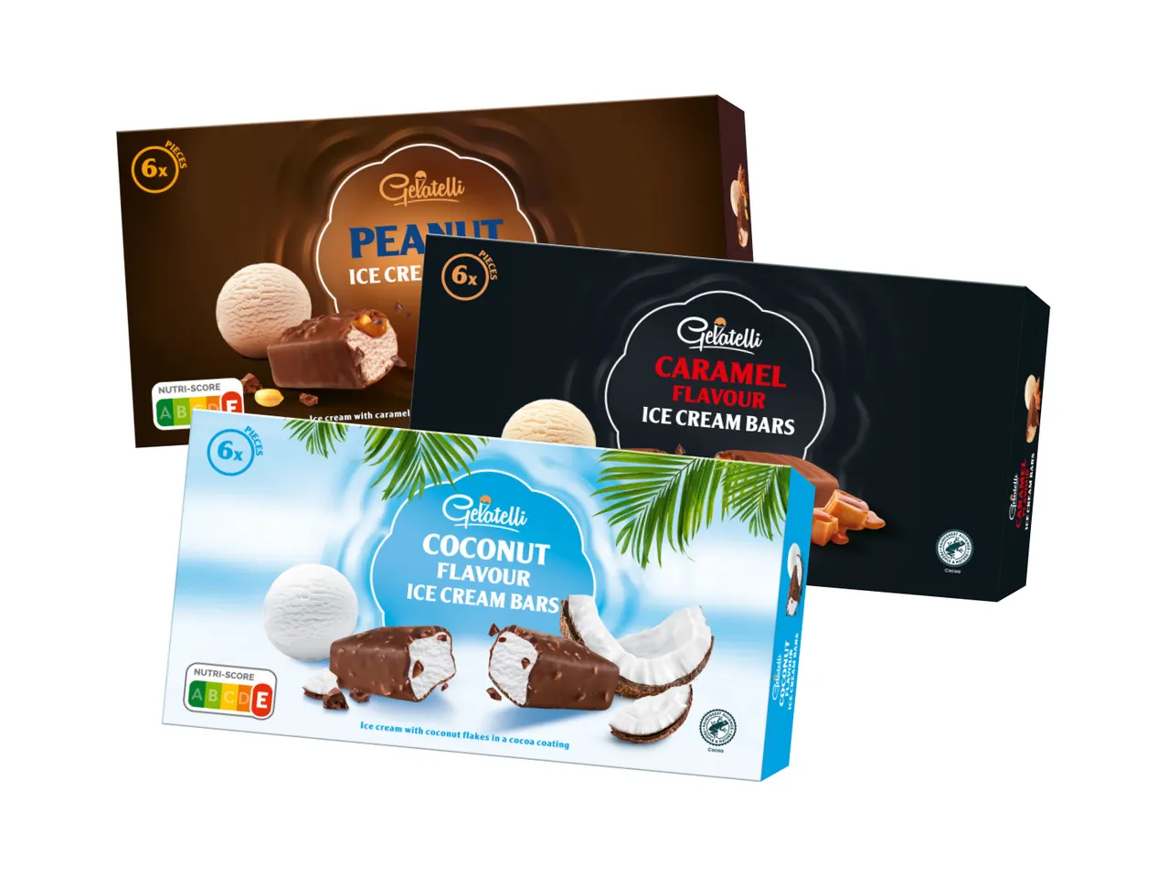 Tri kutije čokoladnih bombona sa različitim ukusima: čokolada, kokos i vanila.