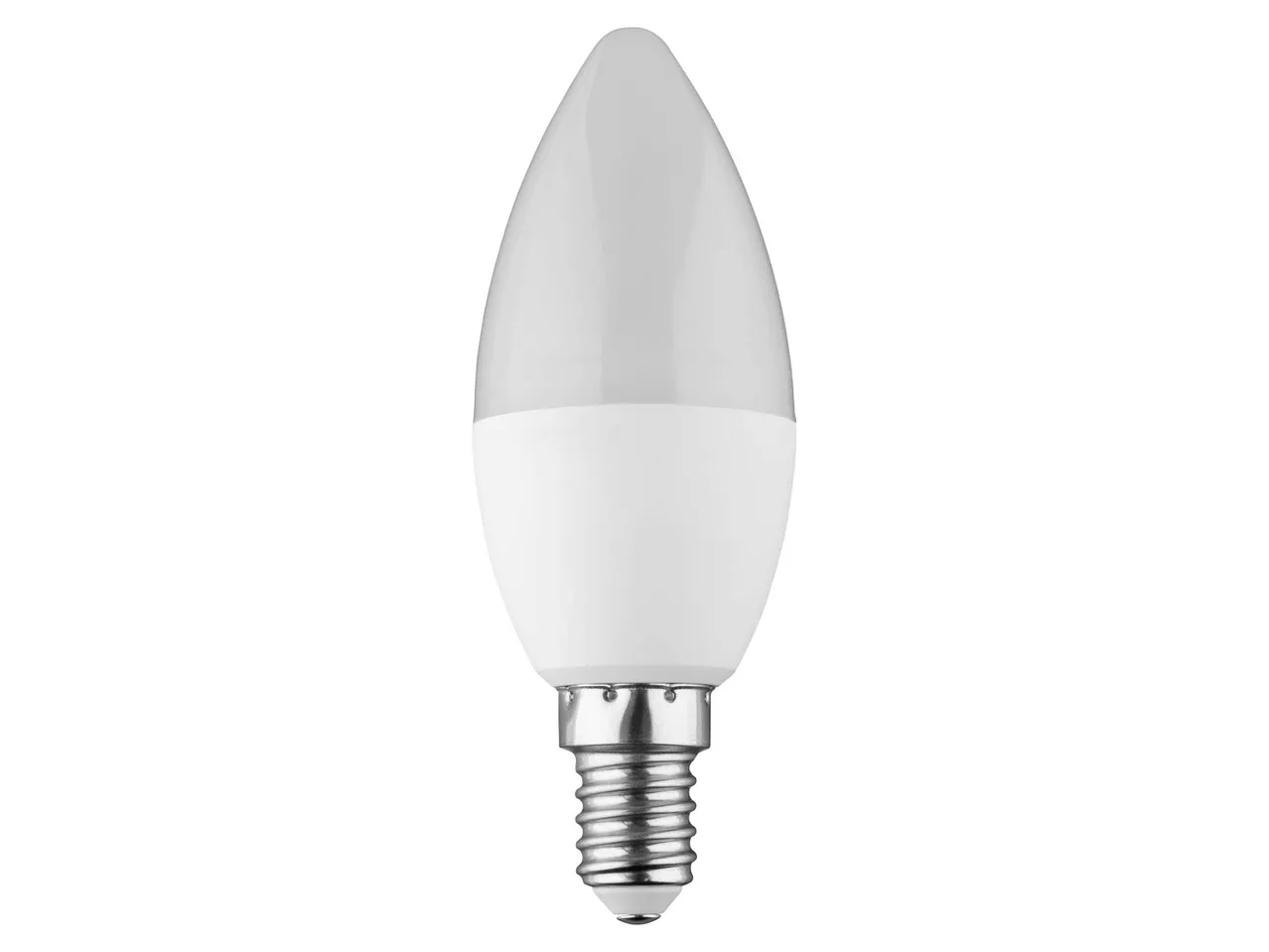 Lampadina LED a candela con attacco a vite su sfondo bianco.