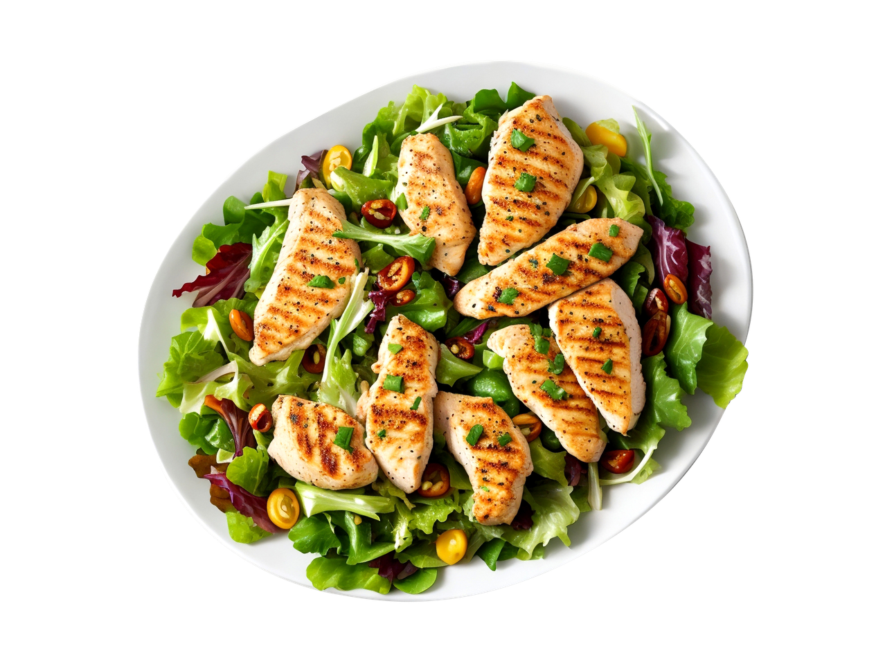 Hähnchensalat mit gegrillten Hähnchenbruststreifen, grünem Salat und Kirschtomaten.