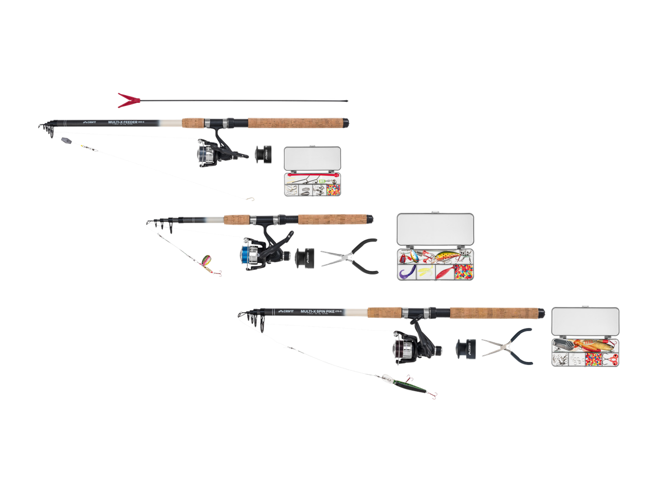 Trije ribiški kompleti s palicami, koluti, vabami in orodjem.