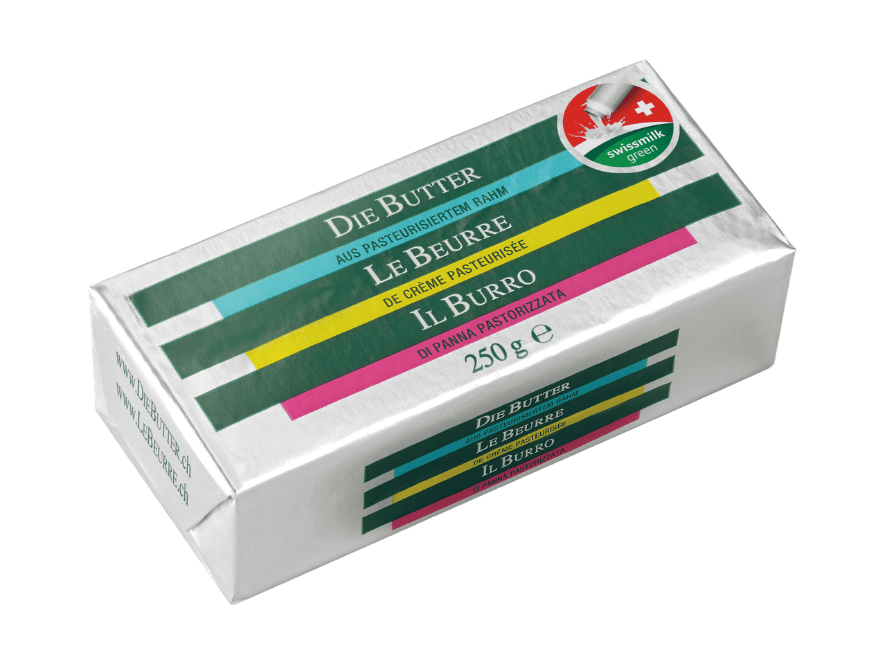 Packung Butter mit Aufschrift „Die Butter“, „Le Beurre“, „Il Burro“ und „250 g e“