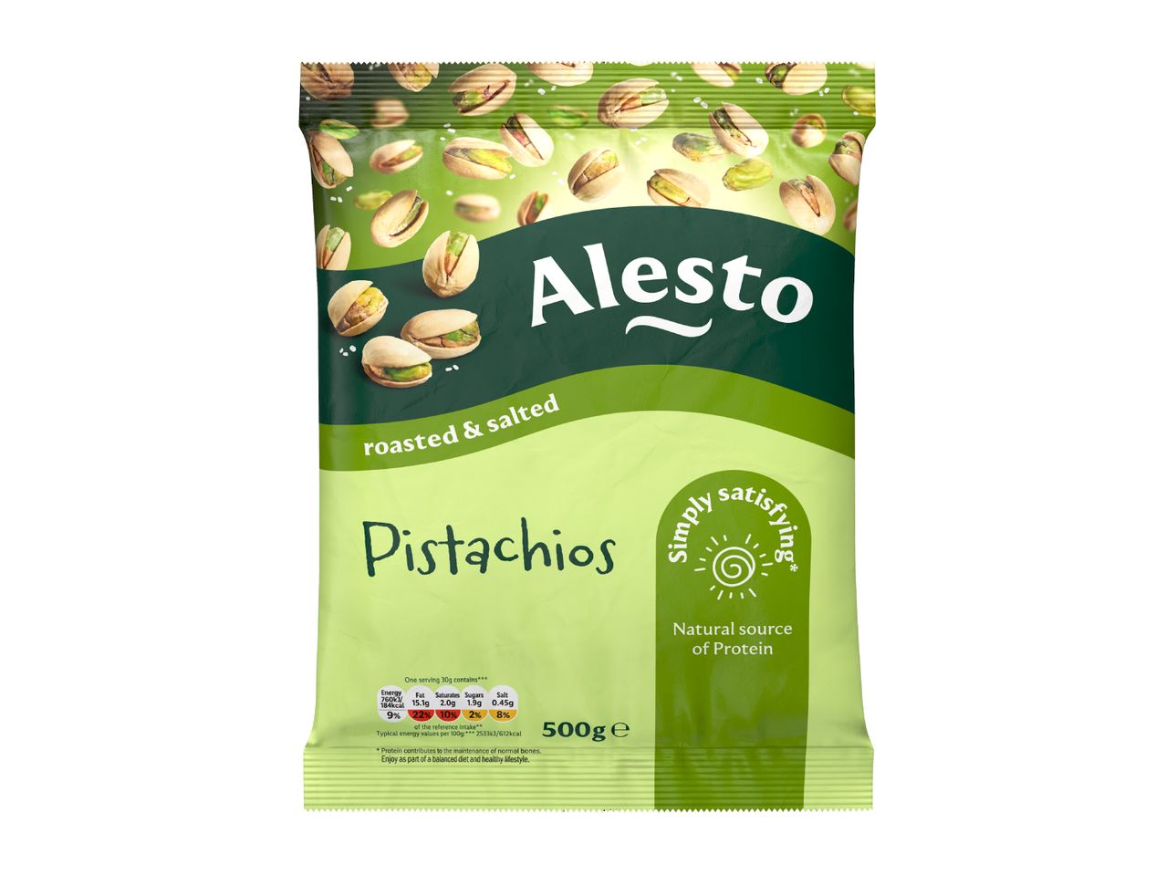 Roasted and salted pistachios in a green bag, highlighting nutritional information and protein source.