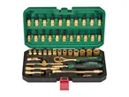 A comprehensive socket and bit set in a green and black case, featuring gold-colored tools and green-handled screwdrivers.