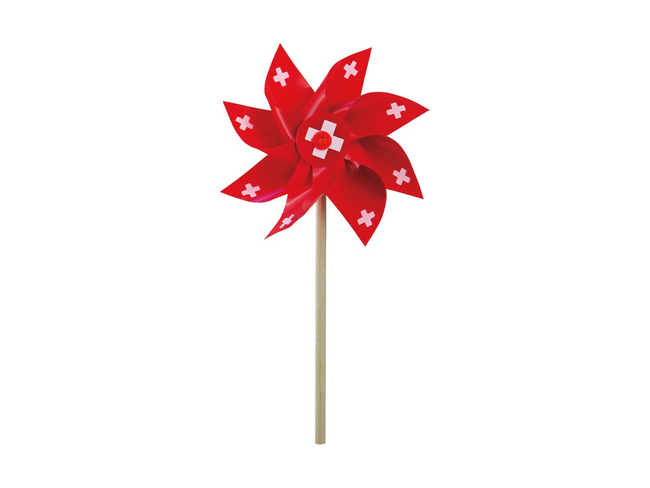 Ein rotes Windrad mit weißen Punkten.