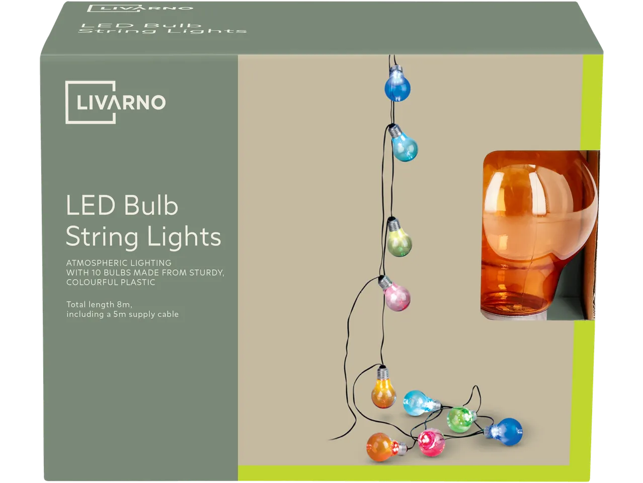 LED bulb string lights with 10 colourful plastic bulbs, 8m total length.