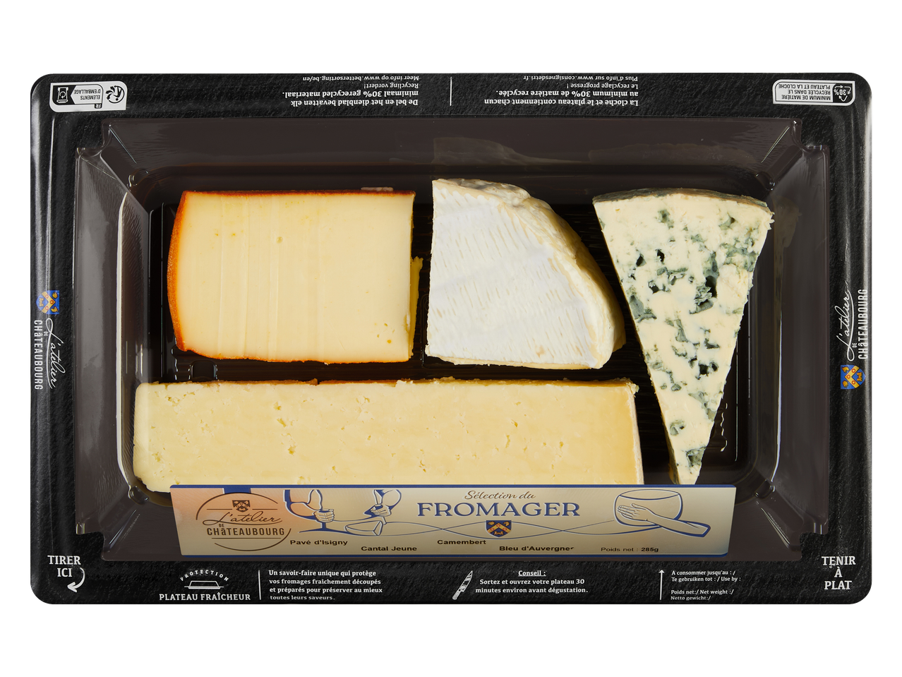 Duc De Coeur Franse kaasplank met Pavé d'Isigny, Cantal Jeune, Camembert en Bleu d'Auvergne.