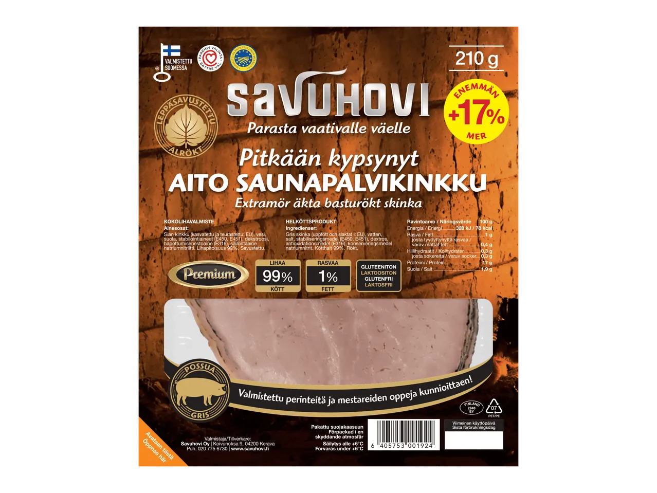 Savustettu saunapalvikinkku, 210 g, 99 % lihaa, gluteeniton ja laktoositon.