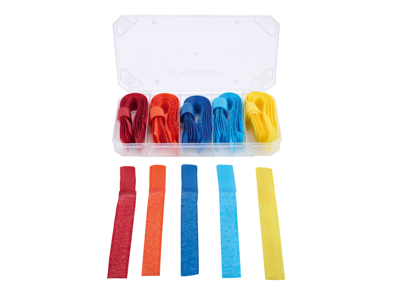 Parkside® Kleinteile-Set värviliste takjapaeltega karbis ja viis paela eraldi.