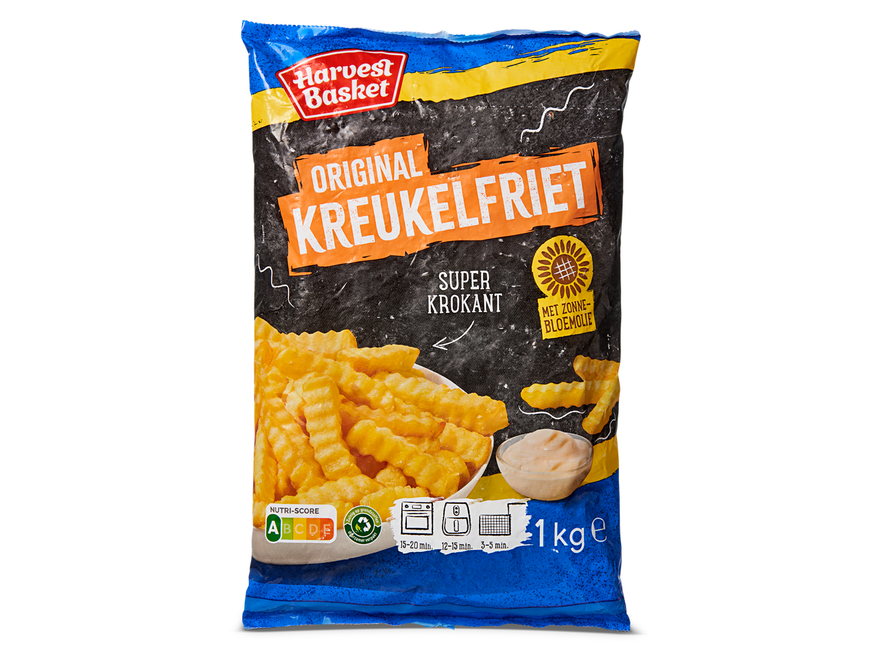 Harvest Basket krukkelfriet: 1kg bevroren, krokante frieten met zonnebloemolie.