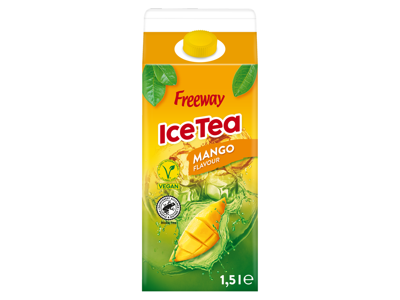 Brique de thé glacé Freeway saveur mangue, 1,5L, avec logo vegan et Rainforest Alliance.
