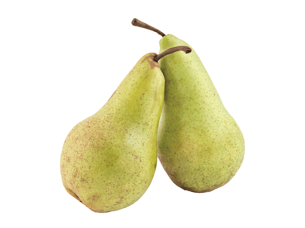 Dvi žalios kriaušės su rudais koteliais, prigludusios viena prie kitos, juodame fone.