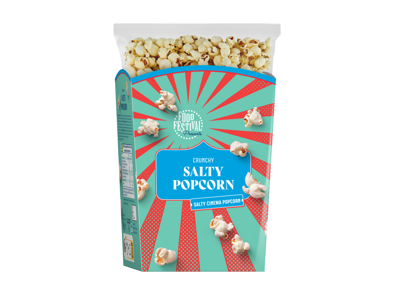Verpakking knapperige zoute popcorn in bioscoopstijl met een feestelijk ontwerp.