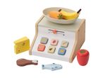 Wooden toy scale with fruit, cheese, fish, and chicken pieces