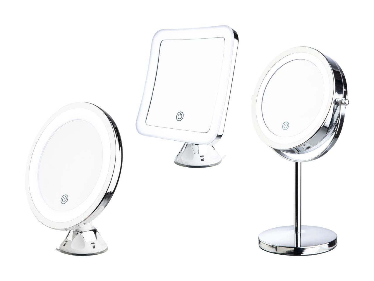 Trois miroirs de maquillage lumineux avec différents styles et supports.
